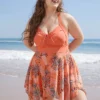Floral Drawstring Crisscross Back Hanky Hem Swim Dress