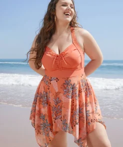 Floral Drawstring Crisscross Back Hanky Hem Swim Dress