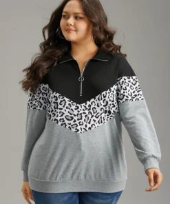 Leopard Contrast Patchwork Half Zip Sweatshirt -Clothing Shop 485183678 xa