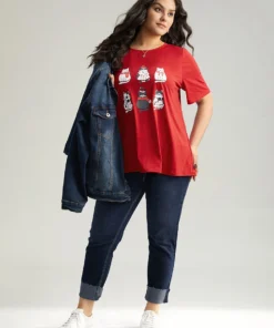 Christmas Cat Print Round Neck T-shirt -Clothing Shop 485392151 nq