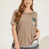 Bandana Print Round Neck Patched Pocket Sleep Top