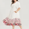 Floral Print Dolman Sleeve V Neck Pocket Ruffle Hem Dress -Clothing Shop 485597379 tj