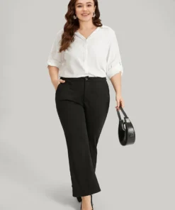 Anti-Wrinkle Plain Button Through Shirt Collar Tab Sleeve Blouse -Clothing Shop 485743652 bg