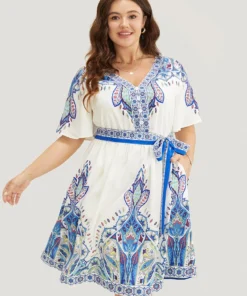 Bandana Button Detail Pocket Belt Knee Dress