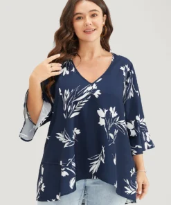 Floral Asymmetrical Hem Ruffle Trim Flounce Sleeve Blouse -Clothing Shop 48634624 nl 41e447f3 8ee7 4b4b 8a05 7bb7fde4432e