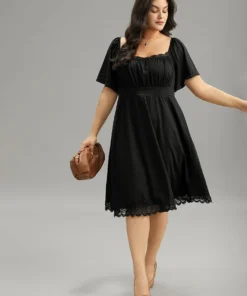 Plain Lace Insert Gathered Square Neck Dress