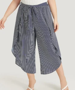 Striped Print Belted Wrap Hem Loose Pants -Clothing Shop 487406537 tr