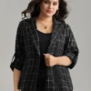 Plaid Suit Collar Tab Sleeve Button Up Blazer