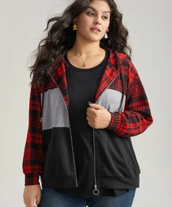 Plaid Contrast Patchwork Drawstring Zipper Jacket -Clothing Shop 487707438 an