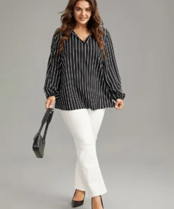 Striped Shirt Collar Lantern Sleeve Blouse -Clothing Shop 487756635 sk