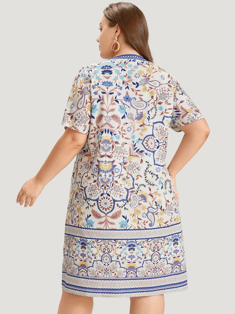 Boho Print Pocket Notched Ruffle Hem Dolman Sleeve Dress 7 Boho Print Pocket Notched Ruffle Hem Dolman Sleeve Dress - Image 5