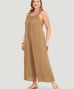 Plain Textured Pocket Halter Tie Overall Jumpsuit -Clothing Shop 488971964 he