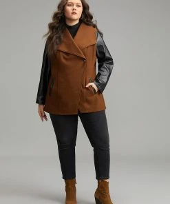 Contrast PU Leather Lapel Collar Pocket Button Up Coat -Clothing Shop 489073692 ml