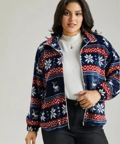 Christmas Contrast Zipper Elastic Cuffs Jacket