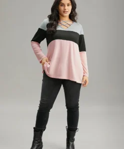 Colorblock Contrast Crisscross V Neck Sweatshirt -Clothing Shop 489892435 tf 534831f6 81ca 4f21 ae23 a7d4a625f2de