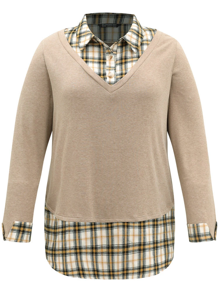 Plaid Patchwork Shirt Collar Curved Hem T-shirt 7 Plaid Patchwork Shirt Collar Curved Hem T-shirt - Image 5