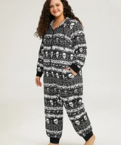 Halloween Skull Print Zipper Hooded Drawstring Sleep Jumpsuit -Clothing Shop 490524849 dy