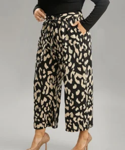 Leopard Elastic Waist Ties Wide Leg Pants -Clothing Shop 491055718 ar
