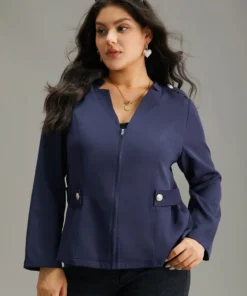 Plain Button Detail Notched Zipper Blazer -Clothing Shop 491284839 fv
