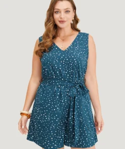 Polka Dot V Neck Pocket Sleeveless Belted Romper -Clothing Shop 491338989 xg