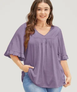 Solid Gathered Ruffle Trim Flounce Sleeve T-shirt -Clothing Shop 491448258 om 6da253c9 d447 4070 a843 de44b555b96d