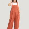 Solid Pleated Detail Pocket Knotted Shoulder Overall Jumpsuit