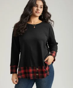 Plaid Patchwork Button Detail Curved Hem Sweatshirt -Clothing Shop 491812523 oo
