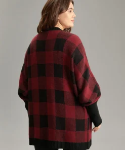 Plaid Contrast Open Front Dolman Sleeve Cardigan -Clothing Shop 49205783 kl
