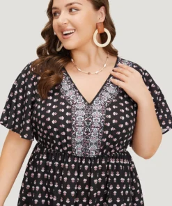 Boho Print Contrast Gathered Pocket Ruffles Dress -Clothing Shop 493119720 kf