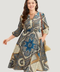 Bandana Print Notched Lantern Sleeve Dress -Clothing Shop 493265231 pt