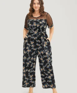 Floral Mesh Patchwork Crew Neck Pocket Belted Jumpsuit -Clothing Shop 493308442 hh