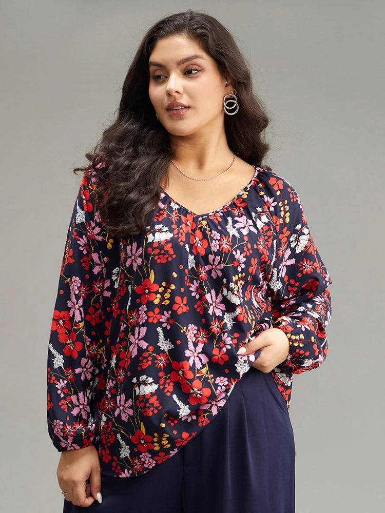Floral Print Gathered Lantern Sleeve Blouse 5 Floral Print Gathered Lantern Sleeve Blouse - Image 3