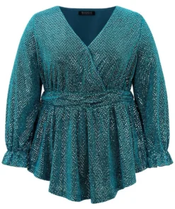 Sequin Wrap Ruffles Ruched Lantern Sleeve Blouse -Clothing Shop 494021128 jt
