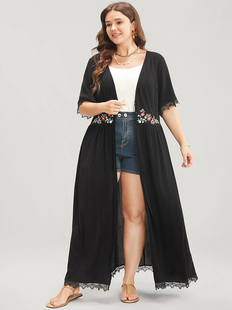 Floral Embroidered Lace Trim Button Front Kimono 7 Floral Embroidered Lace Trim Button Front Kimono - Image 5