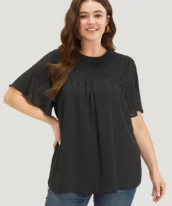 Anti-Wrinkle Shirred Ruffle Sleeve Mesh Frill Trim Blouse