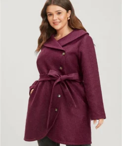 Solid Foldover Collar Pocket Asymmetrical Hem Belted Coat -Clothing Shop 494722177 eg