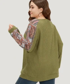 Boho Print Patchwork Waffle Knit Crew Neck Sweatshirt -Clothing Shop 495210576 mv 44a17ca4 f984 40d3 b89d c9b16cee20bd