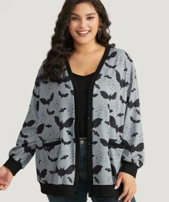 Halloween Bat Print Pocket Button Up Rib Knit Coat -Clothing Shop 49540930 xh 58c1903f d873 40c2 ac64 eb16daab669a