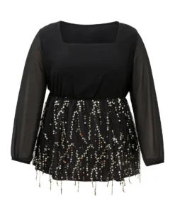 Sequin Mesh Patchwork Square Neck Blouse -Clothing Shop 495457851 kb 03c766c0 a09e 4af6 bcb9 ded88568a30e