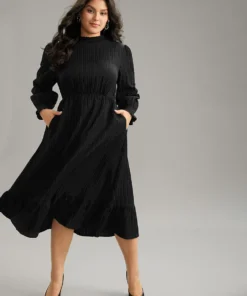 Plain Texture Elastic Waist Frill Trim Shirred Dress -Clothing Shop 496027630 ss b9e9af4c 80c4 4352 8ccd 72662d530318