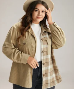 Corduroy Plaid Patchwork Pocket Jacket