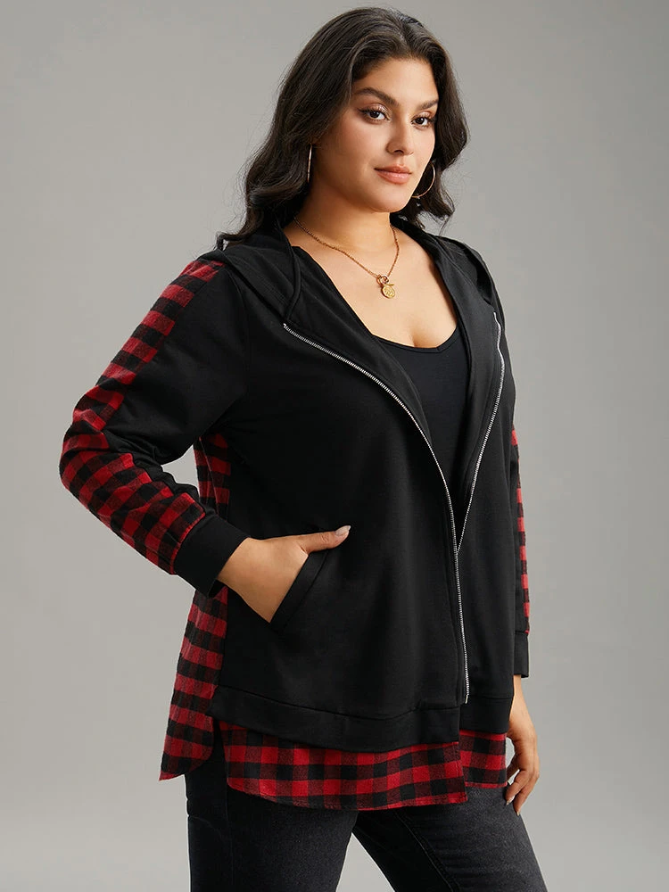 Plaid Patchwork Zipper Hooded Asymmetrical Hem Jacket 5 Plaid Patchwork Zipper Hooded Asymmetrical Hem Jacket - Image 3