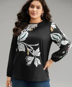 Floral Print Cut Out Lantern Sleeve Blouse -Clothing Shop 496330386 ze