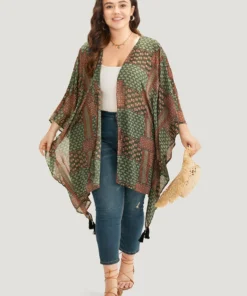 Bandana Print Tassels Trim Asymmetrical Hem Kimono -Clothing Shop 496580589 gf