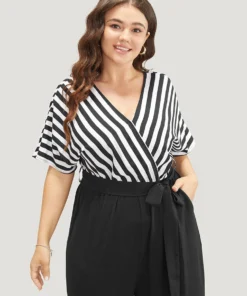 Striped Patchwork Pocket Batwing Sleeve Belted Wrap Jumpsuit 31 Striped Patchwork Pocket Batwing Sleeve Belted Wrap Jumpsuit -Clothing Shop 496842786 si