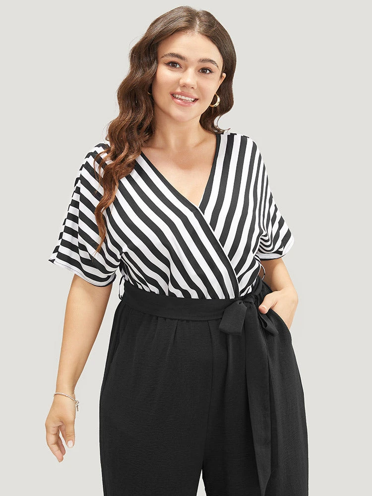 Striped Patchwork Pocket Batwing Sleeve Belted Wrap Jumpsuit 12 Striped Patchwork Pocket Batwing Sleeve Belted Wrap Jumpsuit - Image 10