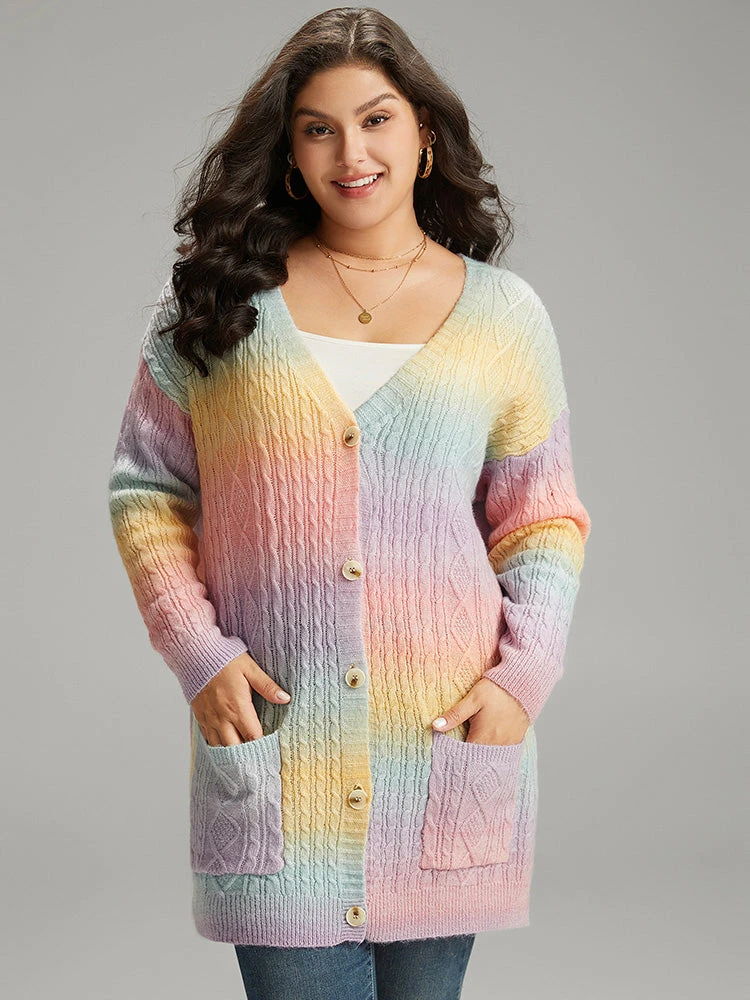 Ombre Cable Knit Patched Pocket Cardigan 6 Ombre Cable Knit Patched Pocket Cardigan - Image 4