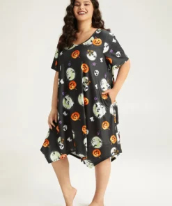 Halloween Graphic Round Neck Sleep Midi Dress -Clothing Shop 497178473 xz