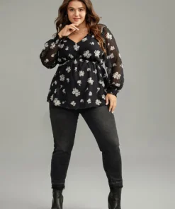 Silhouette Floral Print Gathered Shirred Blouse -Clothing Shop 497333264 ao