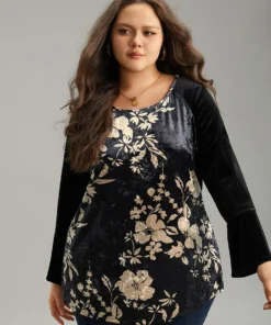 Velvet Floral Patchwork Raglan Sleeve T-shirt